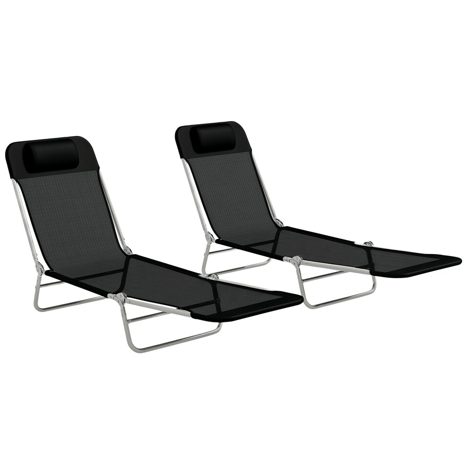 image 1 of Outsunny 2 Pieces Sun Loungers Foldable Reclining Chair with Headrest Black