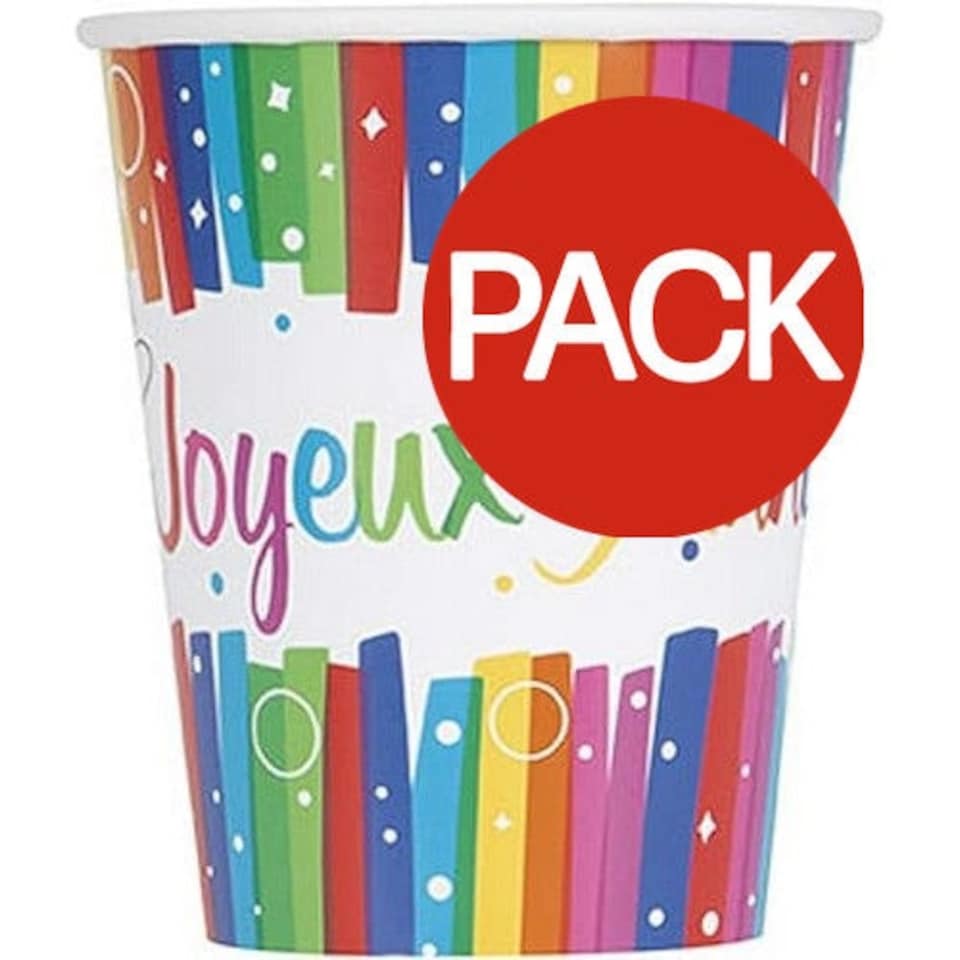 Unique Party Joyeux Anniversaire Paper Disposable Cup (Pack of 8) - Multicoloured - One Size