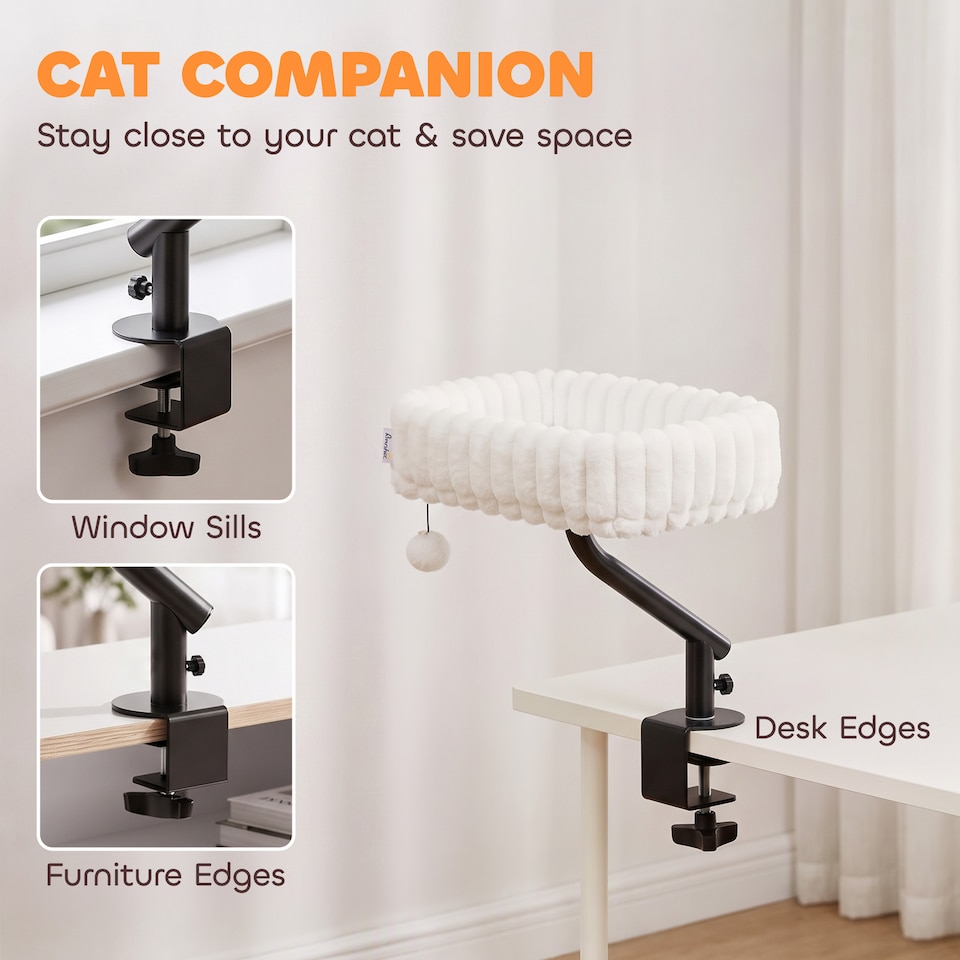 image 1 of PawHut Cat Desk Bed, 360° Rotatable Raised Cat House w/ Hanging Ball, White