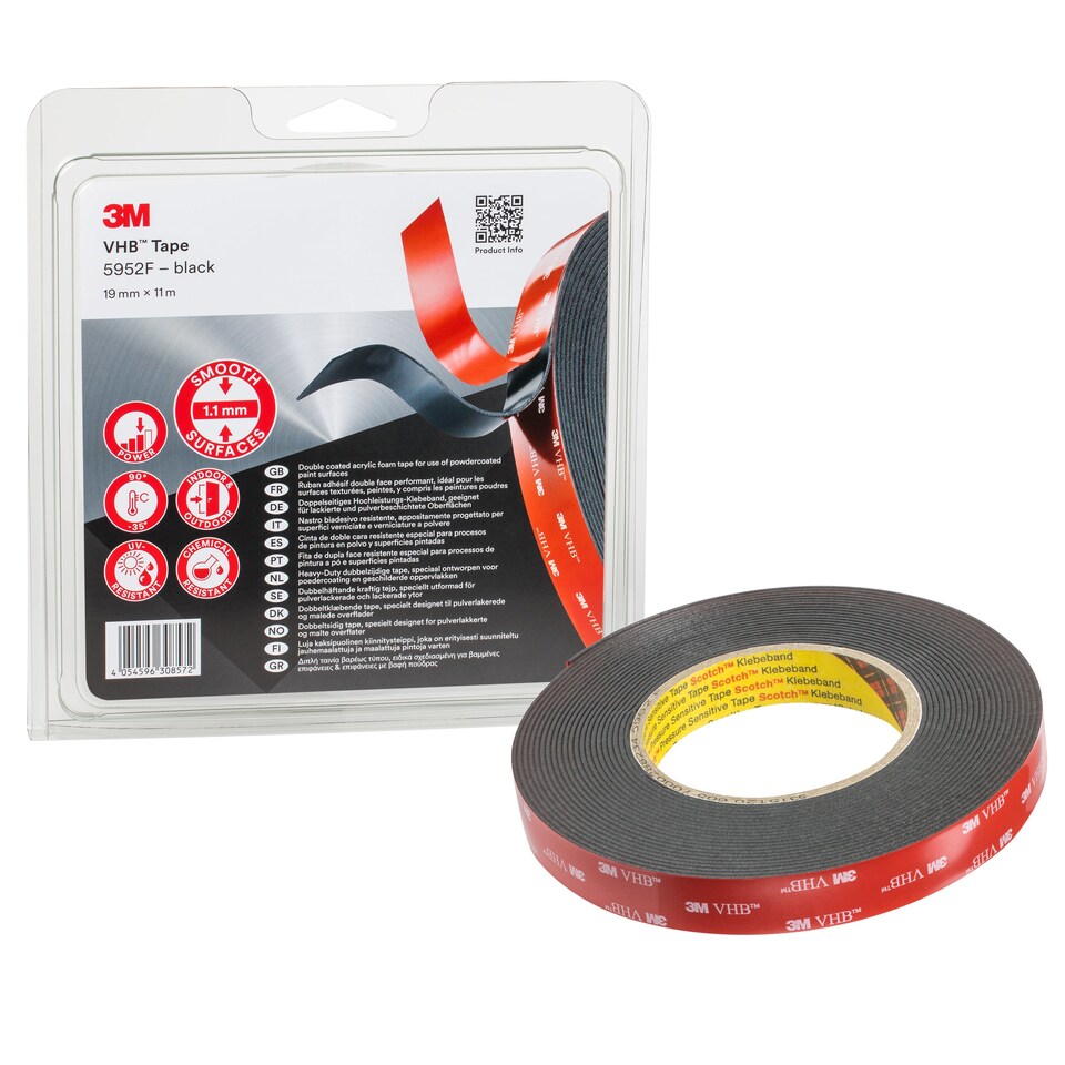 image 1 of VHB Black Acrylic Foam Adhesive Tape, 19 mm x 11 m, 1.0 mm Thick