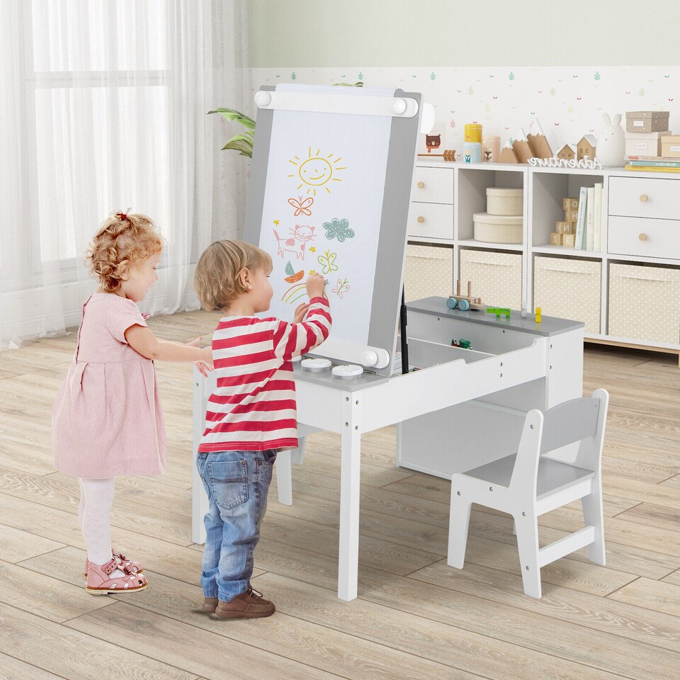 image 1 of COSTWAY 2-in-1 Kids Art Table and Art Easel Set Toddler Play Activity Drawing Desk