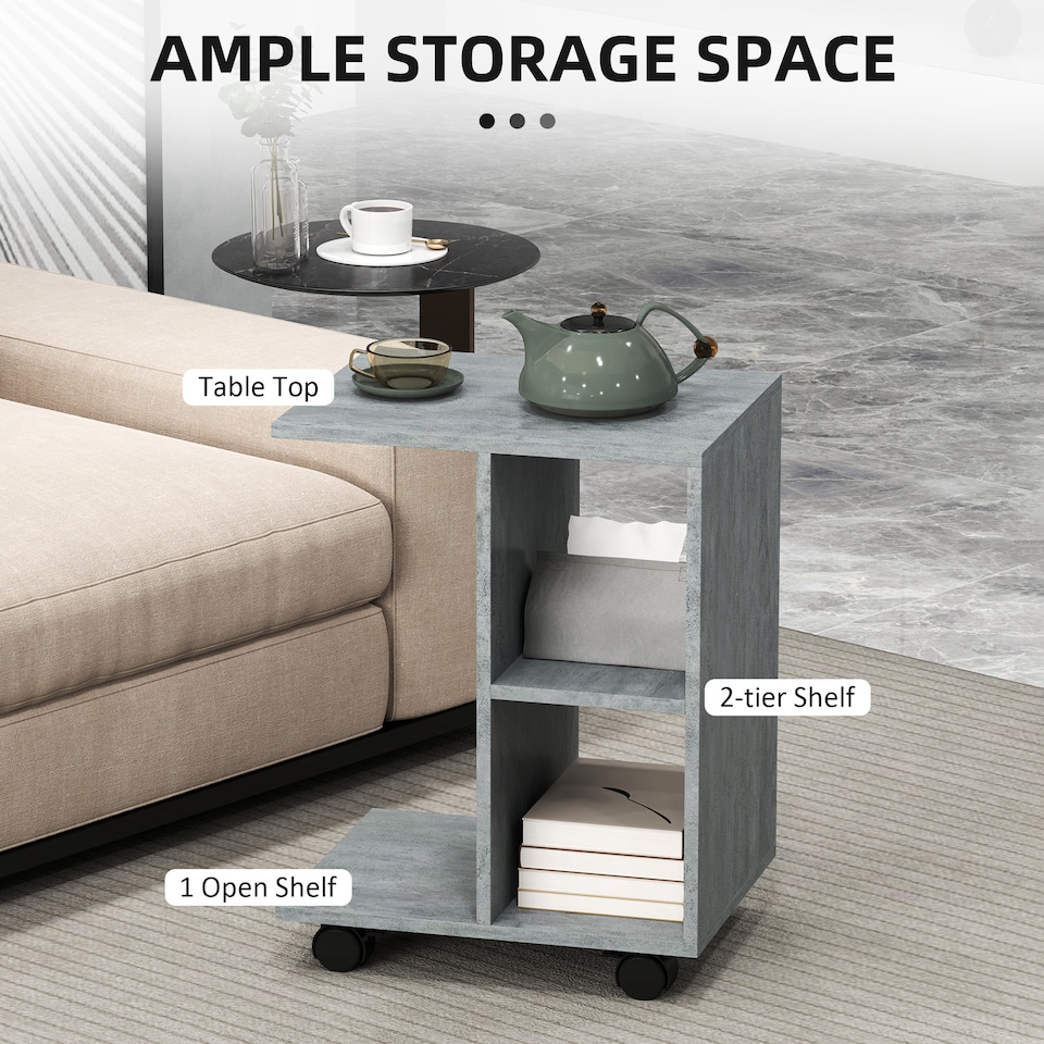 image 1 of HOMCOM C-Shape End Table Unique Storage Unit with 2 Shelves 4 Wheels Freestanding Home Office Furniture Cabinet Square Studio Grey | Grey