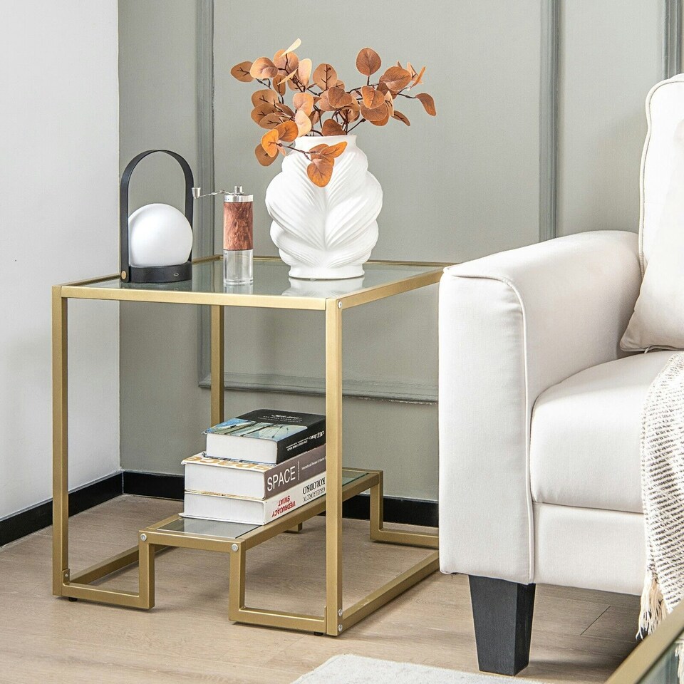 image 1 of COSTWAY 2-Tier Square Side Table Sofa End Snack Table Gold