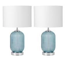 Set of 2 Turquoise Ribbed Glass Lamps with White Shades | Chrome | White | Large | 2