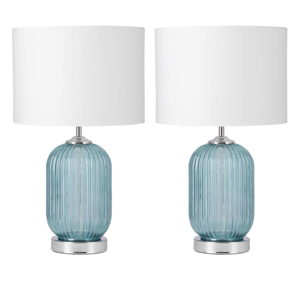 image 1 of Set of 2 Turquoise Ribbed Glass Lamps with White Shades | Chrome | White | Large | 2