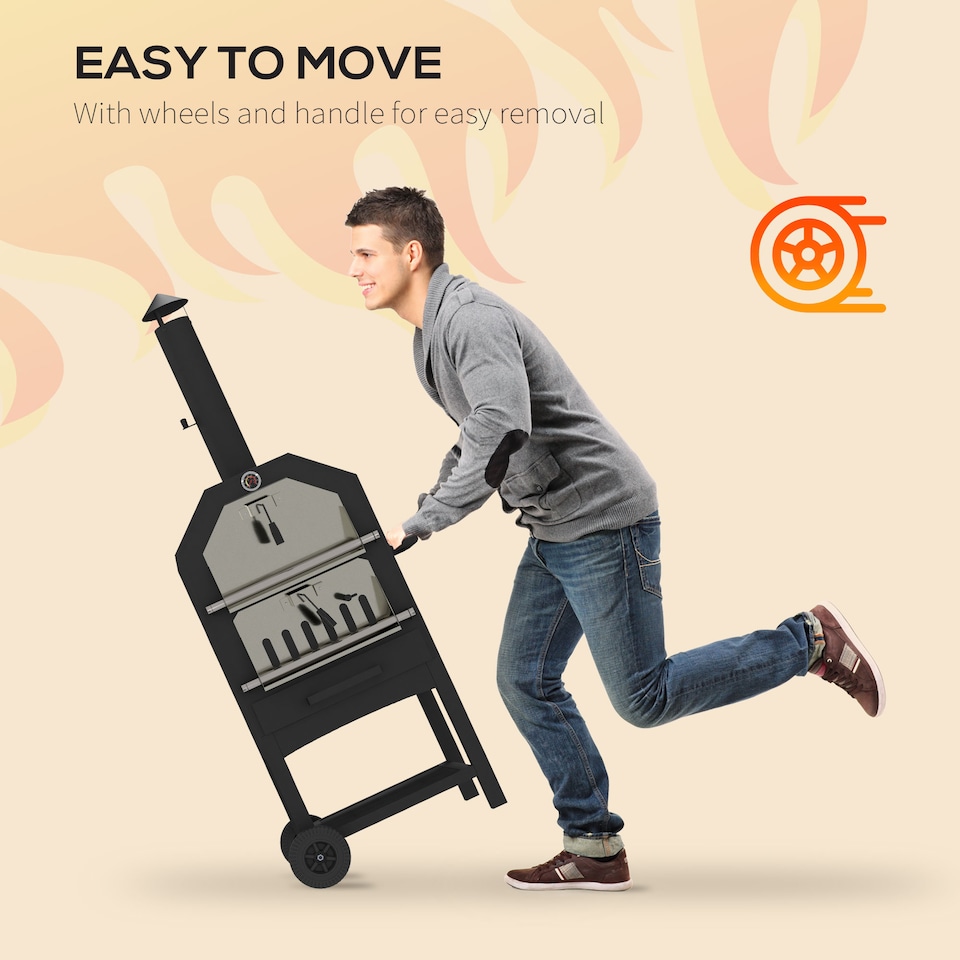 image 1 of Outsunny Outdoor Pizza Oven Charcoal Grill with Rain Cover, Shelf and Wheels