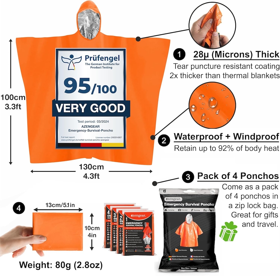 image 1 of aZengear Emergency Survival Poncho (4pc) Thermal Mylar Foil Coating Blanket for Heat Retention, Rain, Waterproof Outdoor Kit
