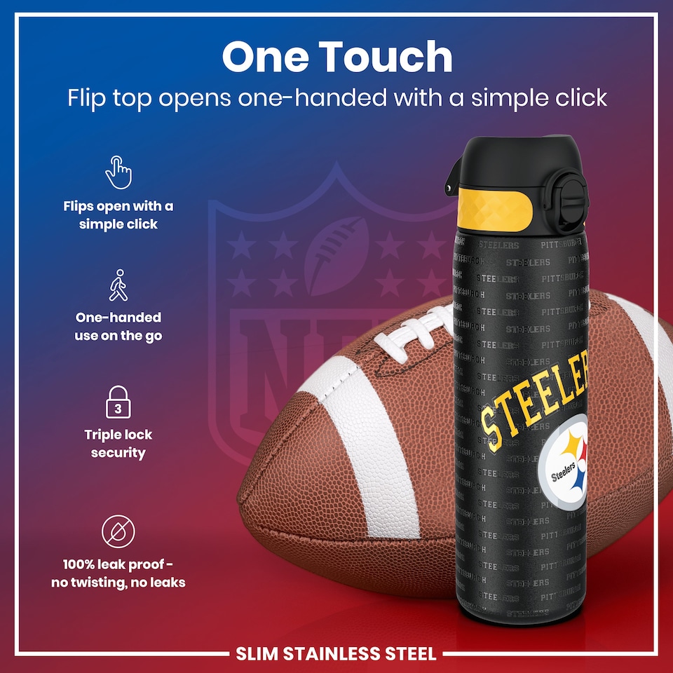 image 1 of Leak Proof Slim Water Bottle, Stainless Steel, NFL, 600ml (20oz) | Black | NFL Steelers | One Size