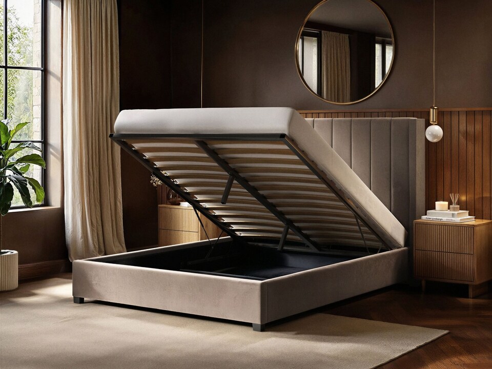 image 1 of Flair Tiggy Kingsize Ottoman Bed with Winged Headboard Beige Velvet