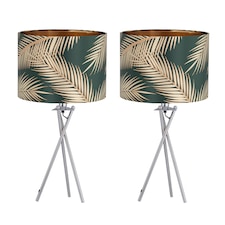 Set of 2 Tropica - Chrome Tripod Lamps with Dark Green and Gold Shades | Chrome | Polished chrome plate and dark green fabric and gold embossed foil | 2