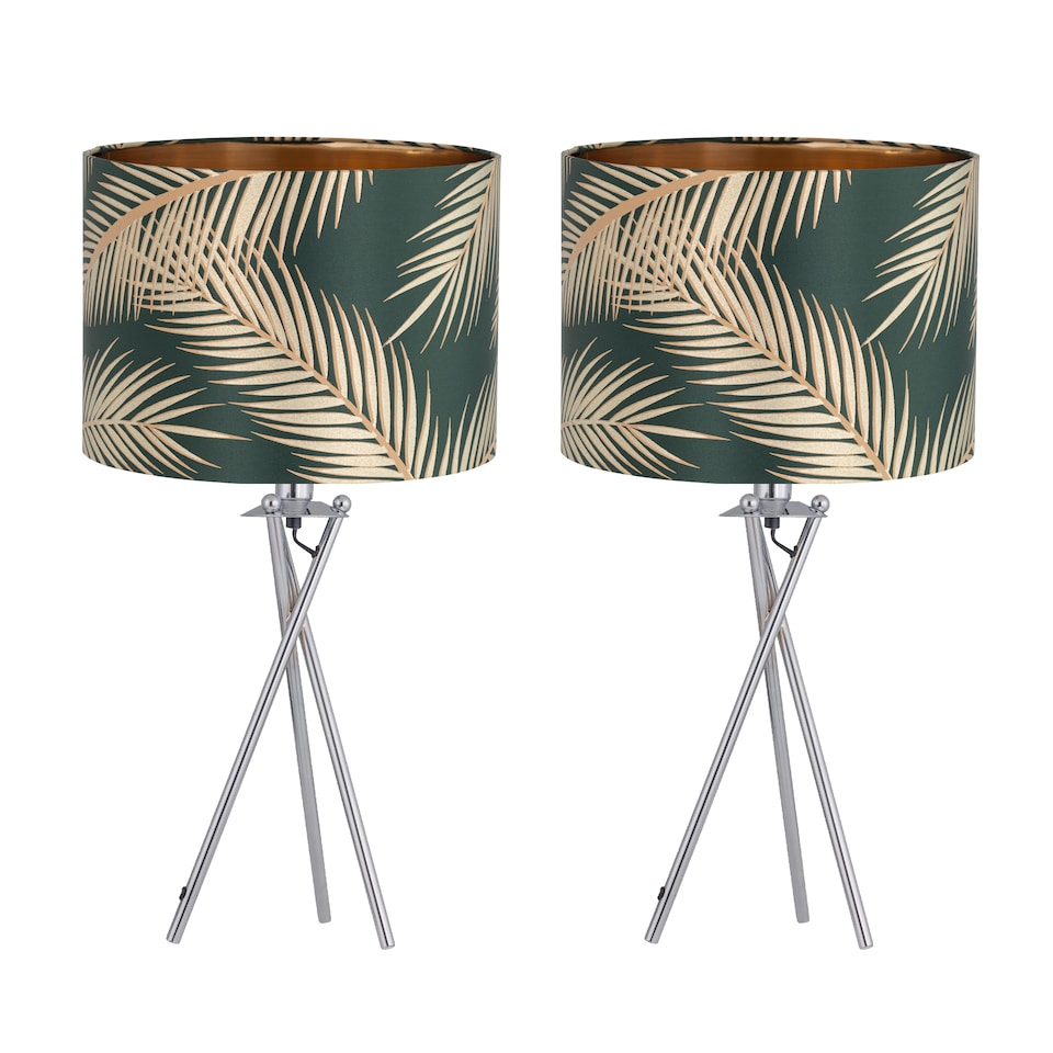 image 1 of Set of 2 Tropica - Chrome Tripod Lamps with Dark Green and Gold Shades | Chrome | Polished chrome plate and dark green fabric and gold embossed foil | 2