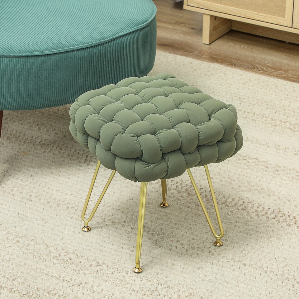 image 1 of HOMCOM Square Foot Stool, Woven Footrest Ottoman with Metal Legs, Padded Makeup Vanity Stool, Velvet Dressing Table Seat for Bedroom, Dark Green | Green | 1