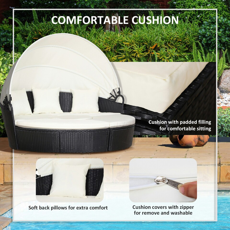 image 1 of Outsunny Rattan Garden Daybed Sun Lounger Sofa Set w/ Canopy, Black/Beige