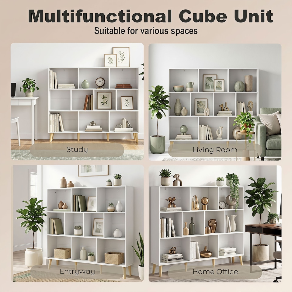 image 1 of HOMCOM Bookshelf with 10 Cubbies, 3-Tier Book Shelf with Wood Legs, White
