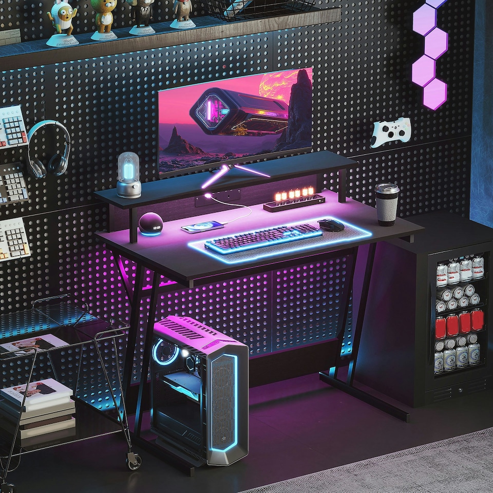 image 1 of HOMCOM LED Gaming Desk with Power Outlets and Monitor Stand 100 x 60cm Black