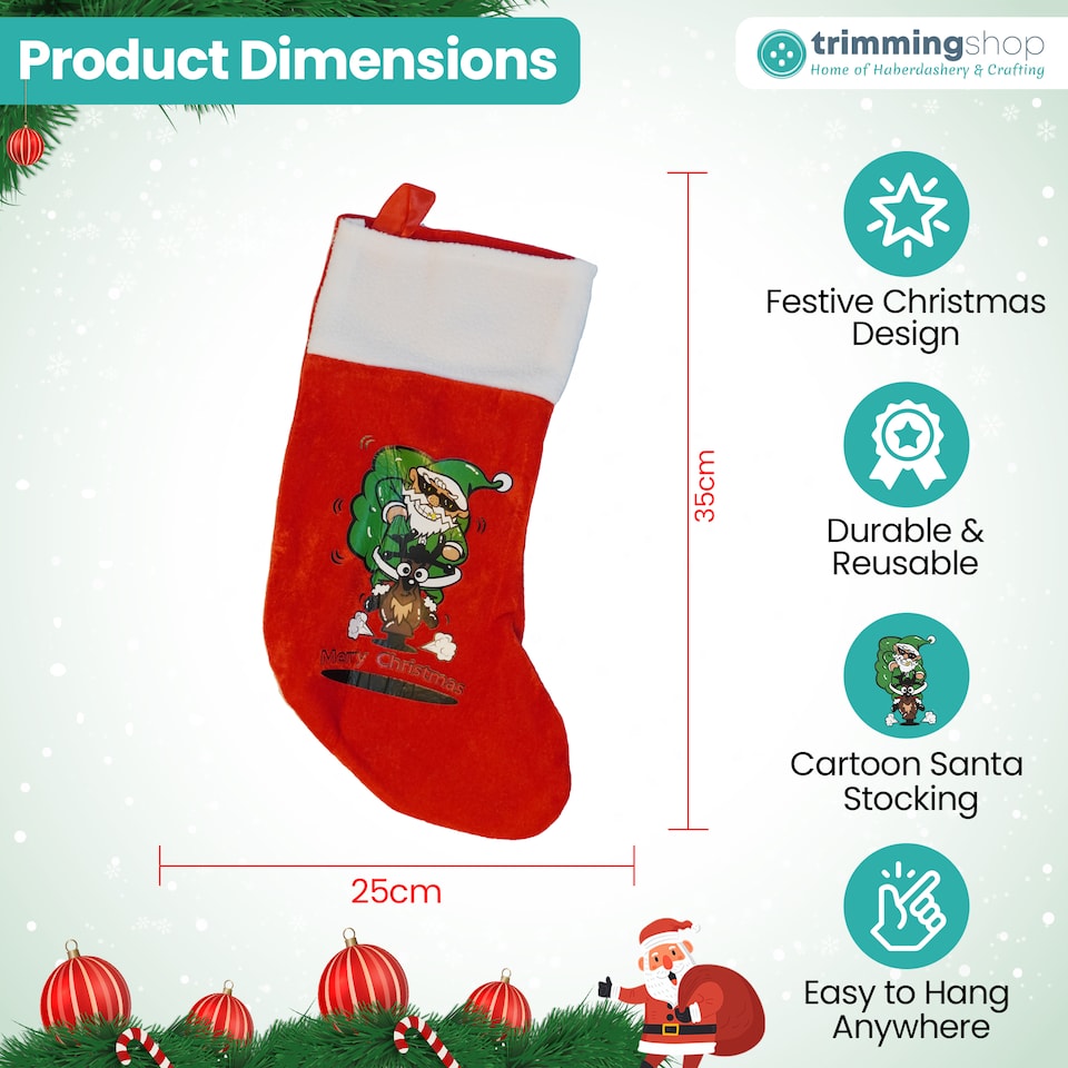 image 1 of Red Velvet Christmas Stocking Santa & Reindeer Design for Gift