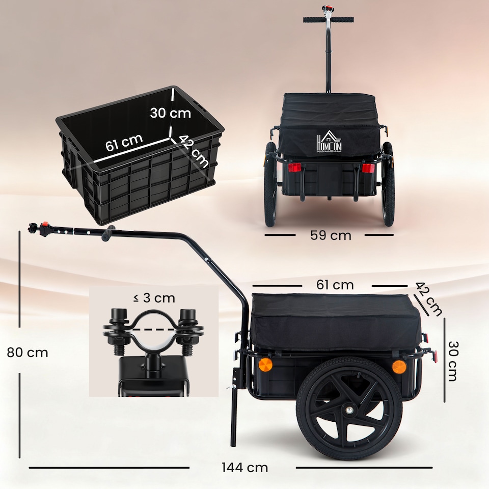 image 1 of HOMCOM Cargo Trailer Bike Trolley Cart with Handle Removable Rain Cover 70L