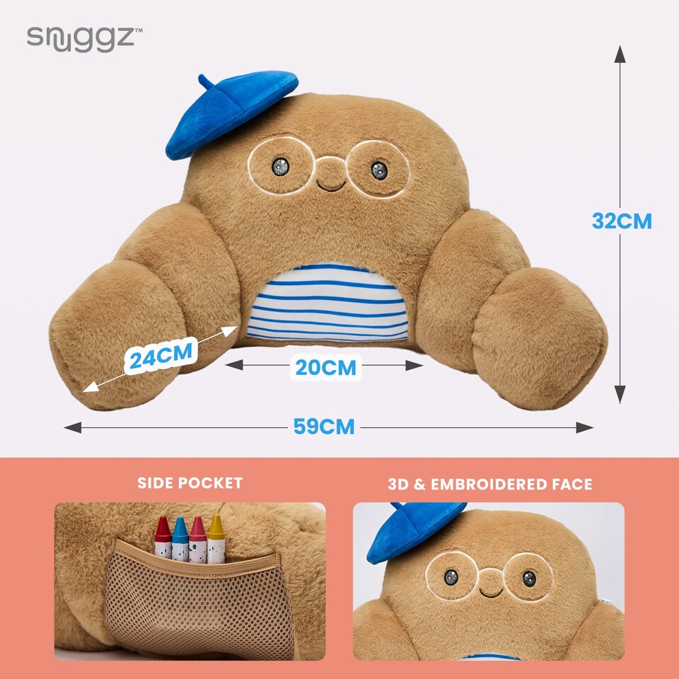image 1 of Snuggz Croissant Cuddle Cushion with Side Pocket with Carry Handle 3D Novelty Design Back Support Soft Cosy Bed Pillow - 59 x 36 x 34 cm