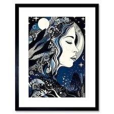 New Moon Goddess Winter Witch Starry Night 9x7" Black Framed Wall Art Print