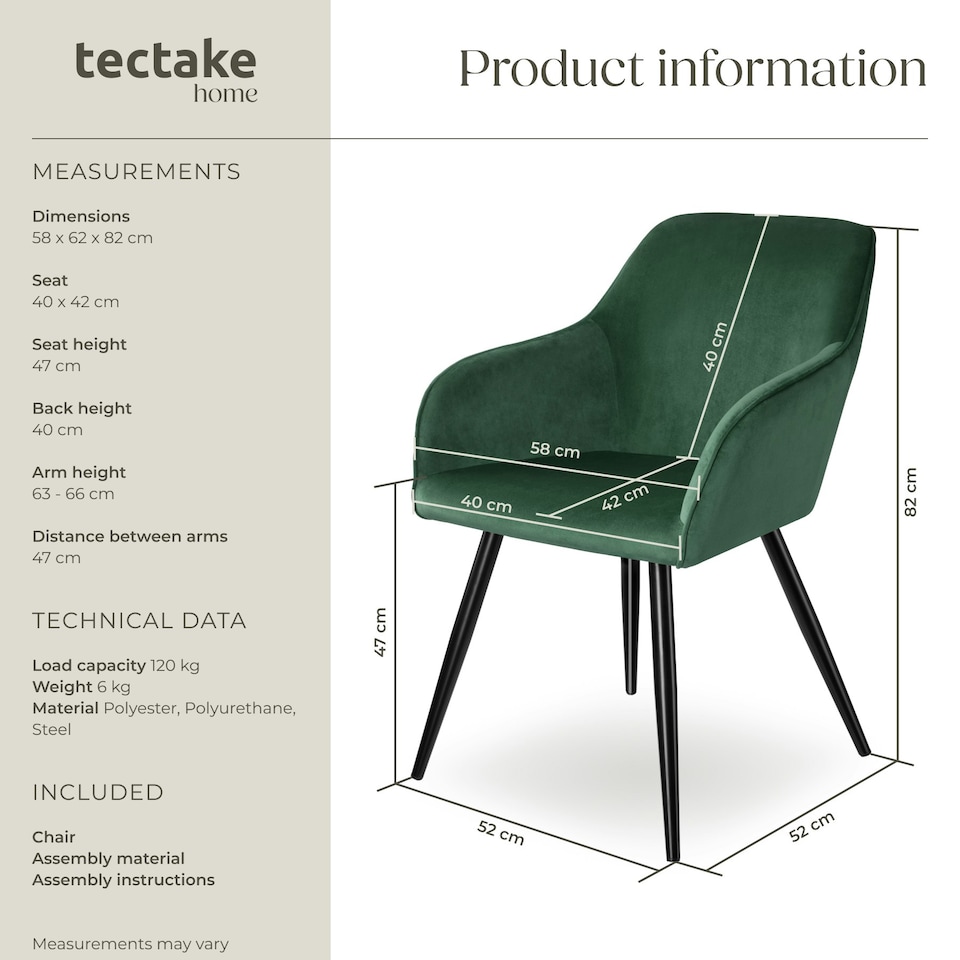 image 1 of Dining Chair Marilyn - with armrests, padded, velvet look, black steel legs - per piece Green | Dark Green/Black