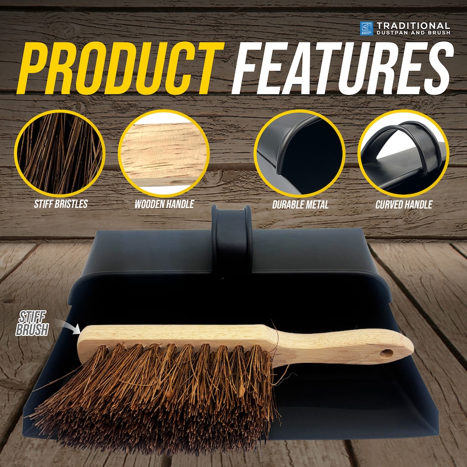 image 1 of Black Hooded Metal Dustpan and Brush Set Traditional Stiff Brush with Ash Pan Design