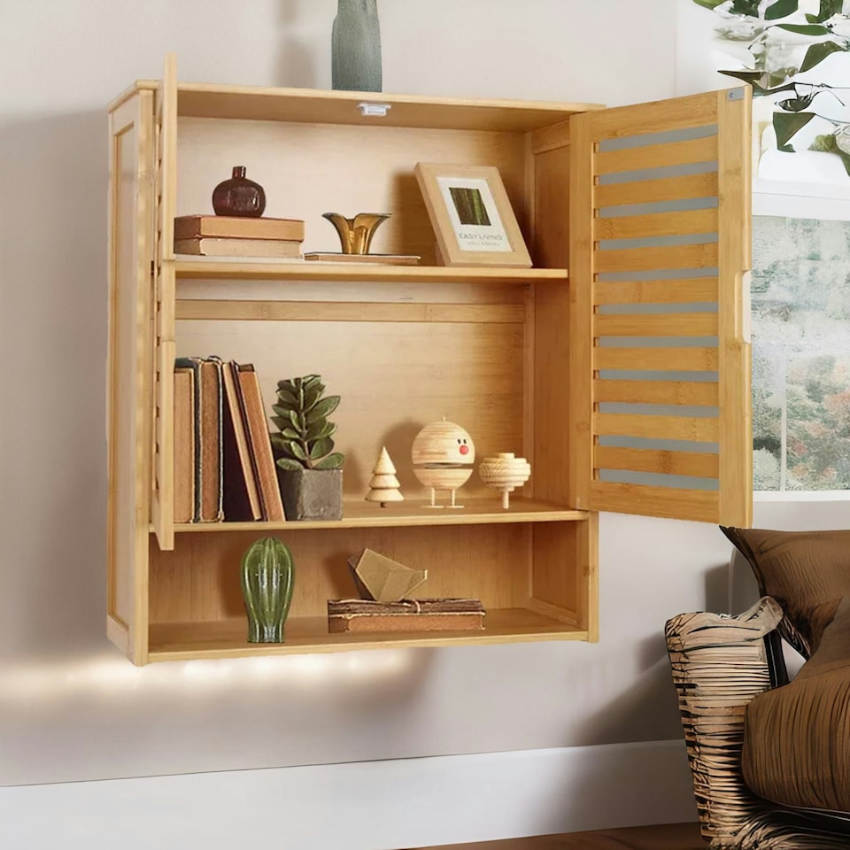 image 1 of Wooden Bathroom Wall Storage Cabinet Organiser Natural Brown Brown