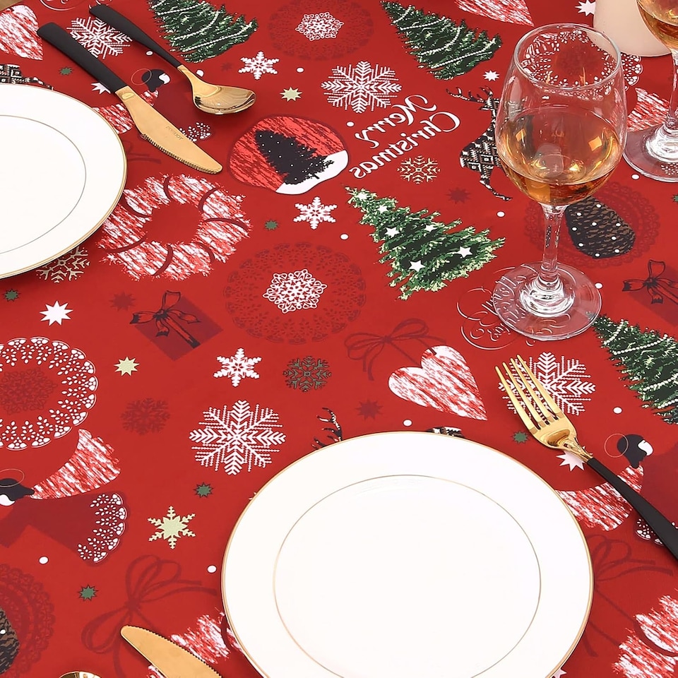 image 1 of London Boutique Red Christmas Tablecloth, Waterproof Polyester Table Cover with Reindeer Wreath Xmas Tree Print