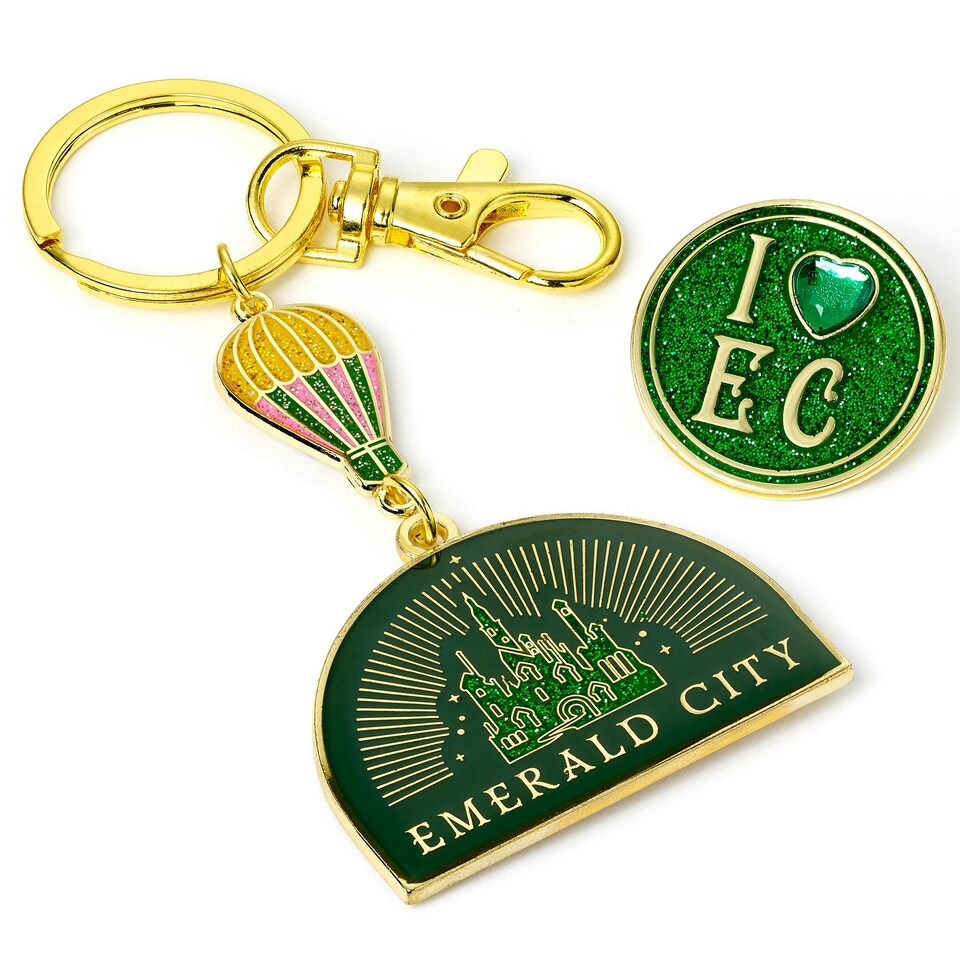 image 1 of Wicked Emerald City Hot air Balloon Keyring & Pin badge Gift Set