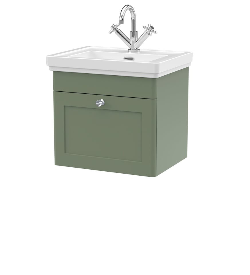 image 1 of Bathroom Wall Hung 1-Drawer Vanity Unit & Fireclay Basin, Green, 500mm | Green | Satin Green | 406 x 531 x 496mm