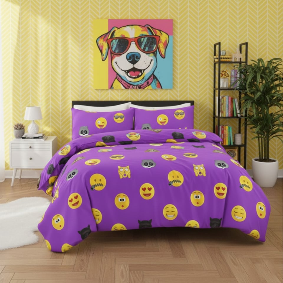 image 1 of Emoji Print Duvet Cover Set Cool Playful Bedding with Pillowcases | Purple | Lilac | Single