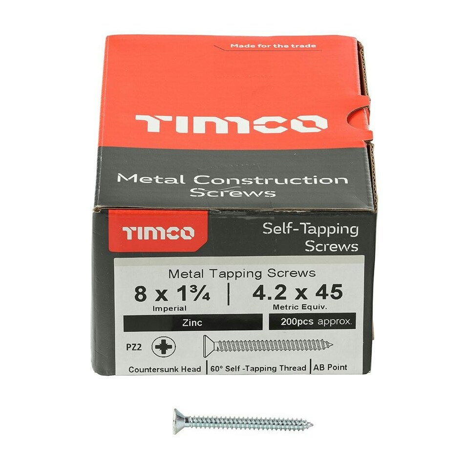 image 1 of Timco - Self-Tapping Screws - PZ - Countersunk - Zinc (Size 8 x 1 3/4 - 200 Pieces)
