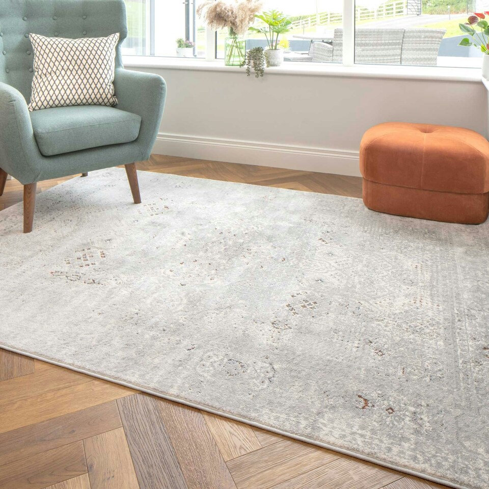 image 1 of KUKOON Silver Multicolour Distressed Bordered Medallion Area Rug 60cm x 110cm