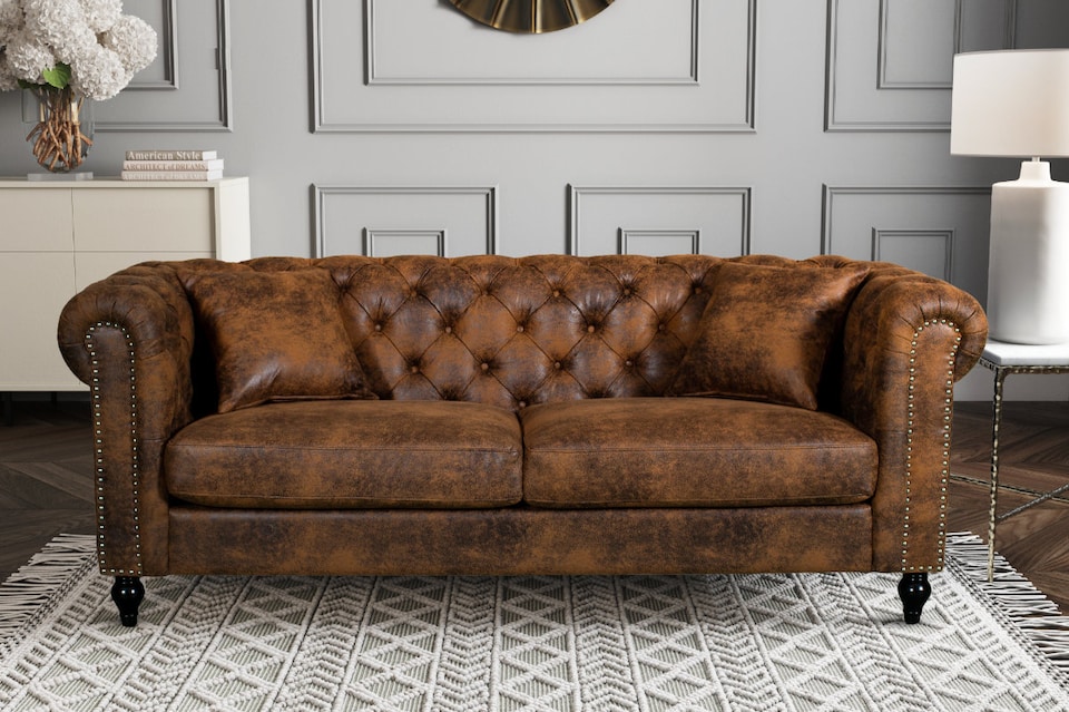 image 1 of Faux Leather Suede Brown 3 Seater Chesterfield Sofa With Wooden Feet CAMDEN