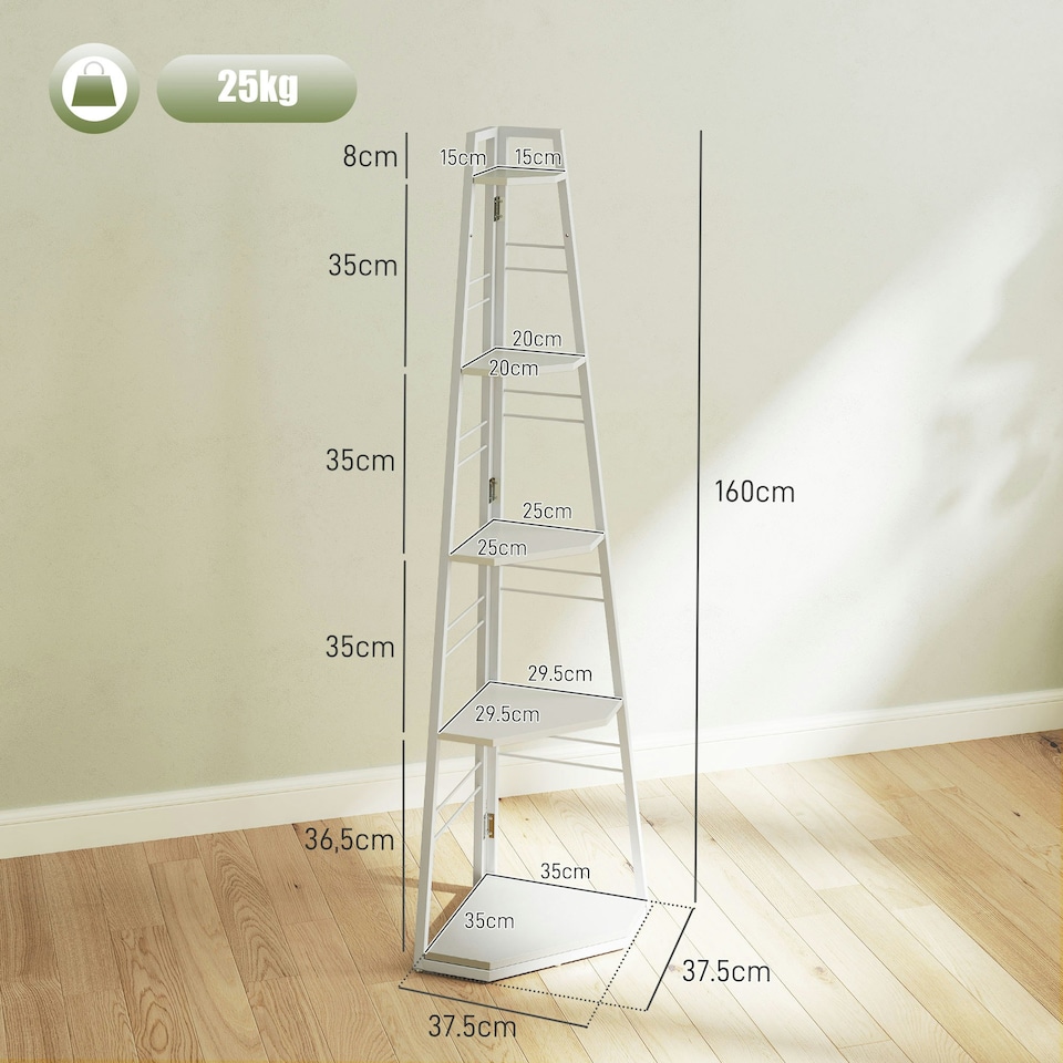 image 1 of HOMCOM 5-Tier Corner Shelf, Shelving Unit with Adjustable Feet, White White