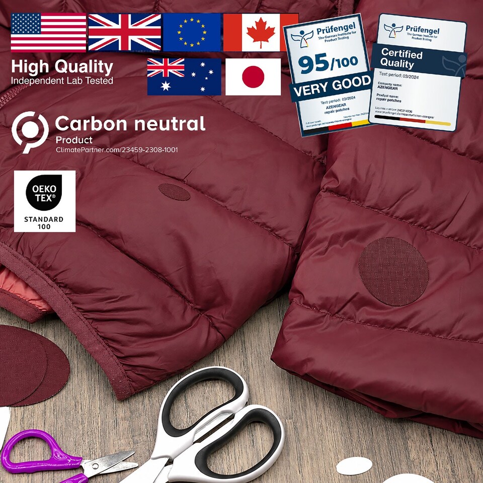 image 1 of aZengear Repair Patches for Jackets, Tent, Shoe, Gear - Waterproof, Self-Adhesive, Tear-Cold-Heat-Resistant (11 Pieces, Burgundy)