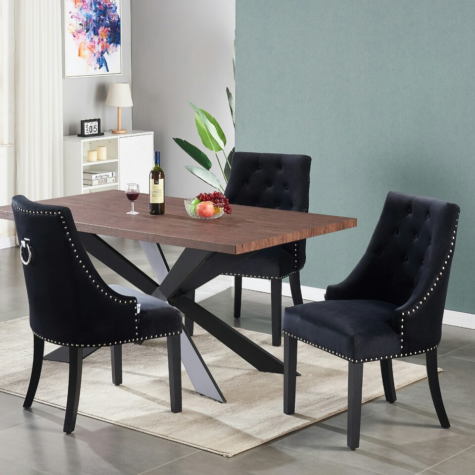image 1 of Set of 6 Velvet Dining Chairs Ergonomic Scoop Knockerback & Button Tufted Wood Legs Black