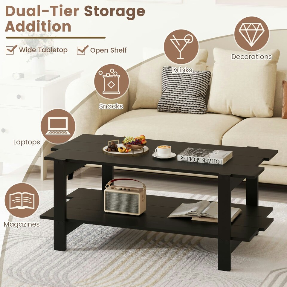 image 1 of COSTWAY 2-Tier Coffee Table Slatted Wood Center Table Black Black