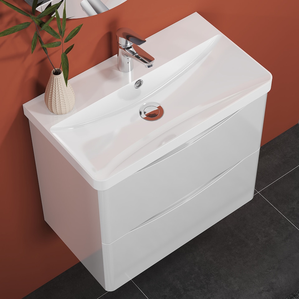 image 1 of AICA 600mm Wall-Hung White Bathroom Vanity Unit With Integrated Sink,2 Soft-Close Drawers for Storage