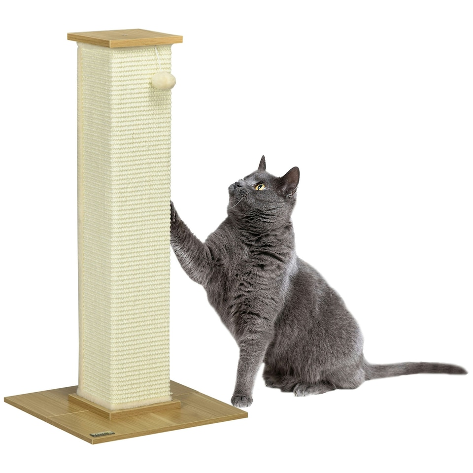 image 1 of PawHut Cat Scratch Post 80cm Tall, with Sisal Hanging Ball Toy, Oak Beige
