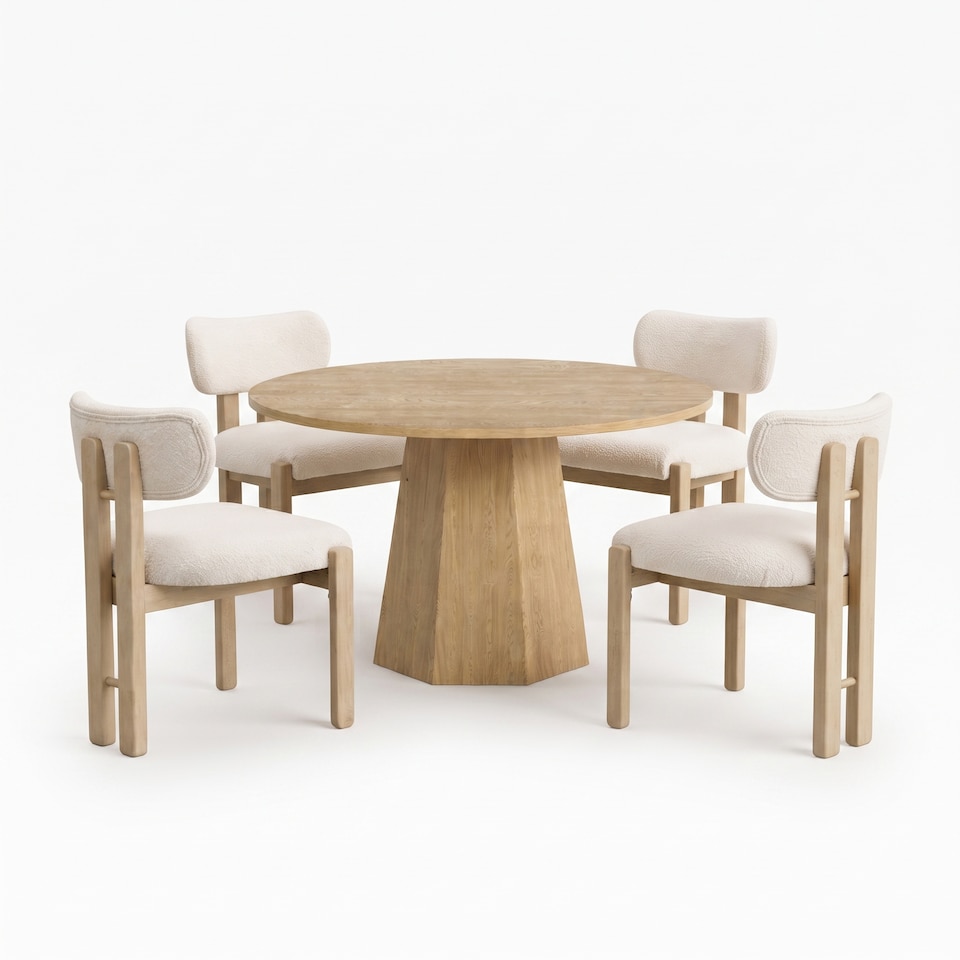 image 1 of FENCHILIN Rustic-style Dining Table and 4 Boucle Chairs 120cm Round Kitchen Set, Oak
