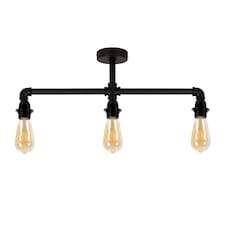 ValueLights Luiggi Black 3 Way Bar Pipework Ceiling Light & Bulbs | Black