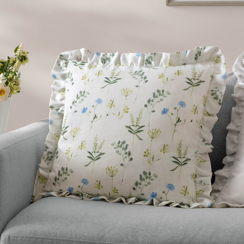 image 1 of Wylder Meadow Ruffle Floral Cushion, White/ Cornflower, 50 x 50cm