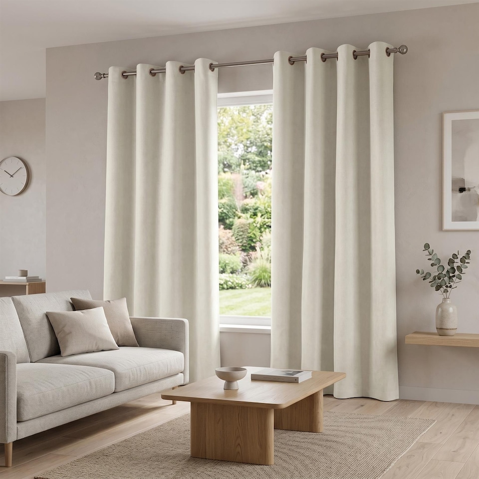 image 1 of Velvet Chenille Eyelet Curtains Ready Made Pair - 142cm x 229cm - Cream