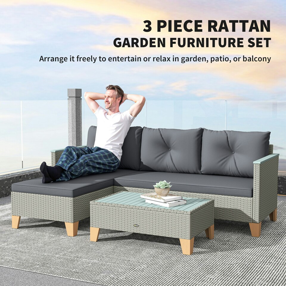 image 1 of Outsunny L Shaped Garden Conversation Chaise Lounge Furniture, Charcoal Grey