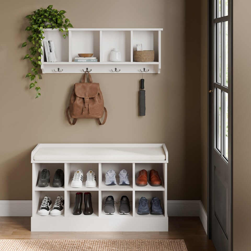 image 1 of Kempton Shoe Bench & Wall Rack | White | White