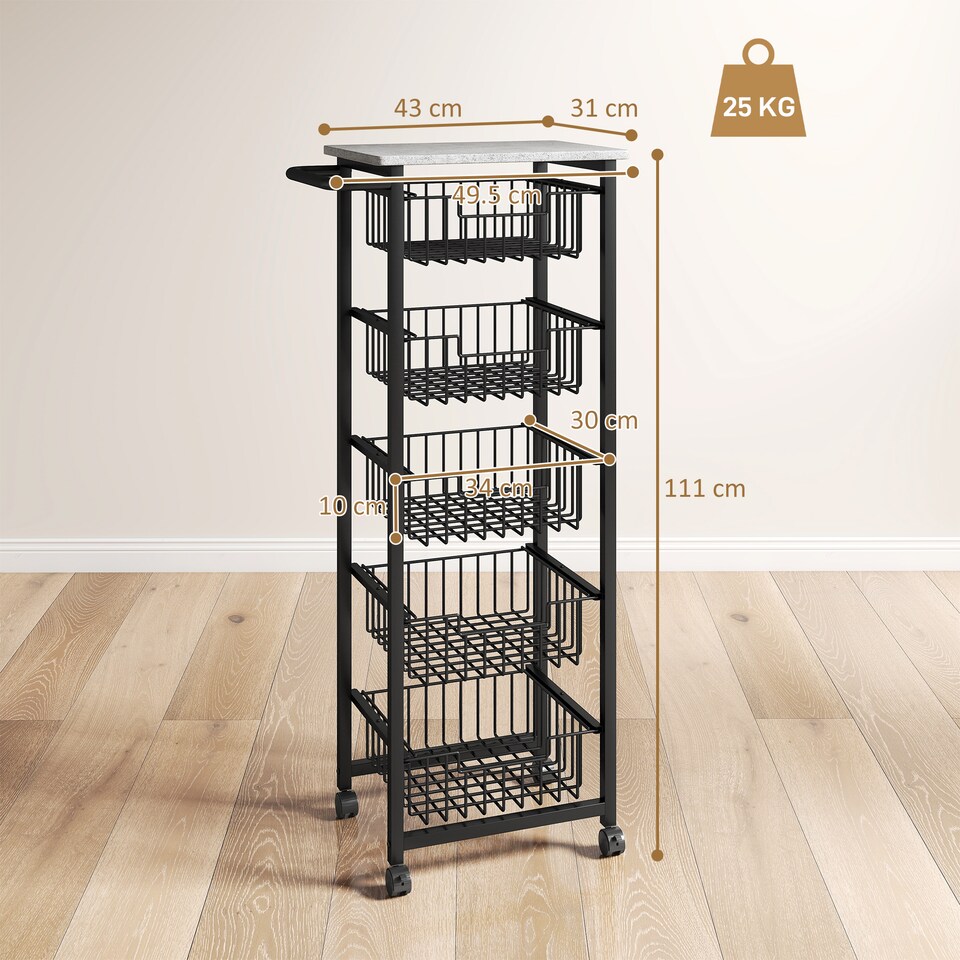 image 1 of HOMCOM 5-Tier Kitchen Island on Wheels, Rolling Kitchen Storage Trolley with 5 Pull-Out Mesh Baskets, Mobile Utility Serving Cart, Light Grey | Grey | Light Grey