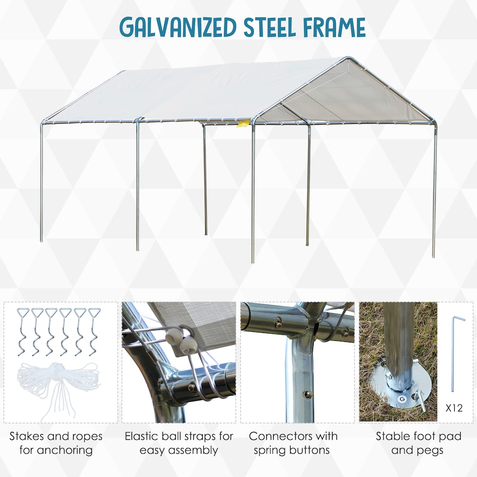 image 1 of Outsunny 3 x 6m Heavy Duty Carport Garage Car Shelter Galvanized Steel Outdoor Open Canopy Tent Water UV Resistant Waterproof, White