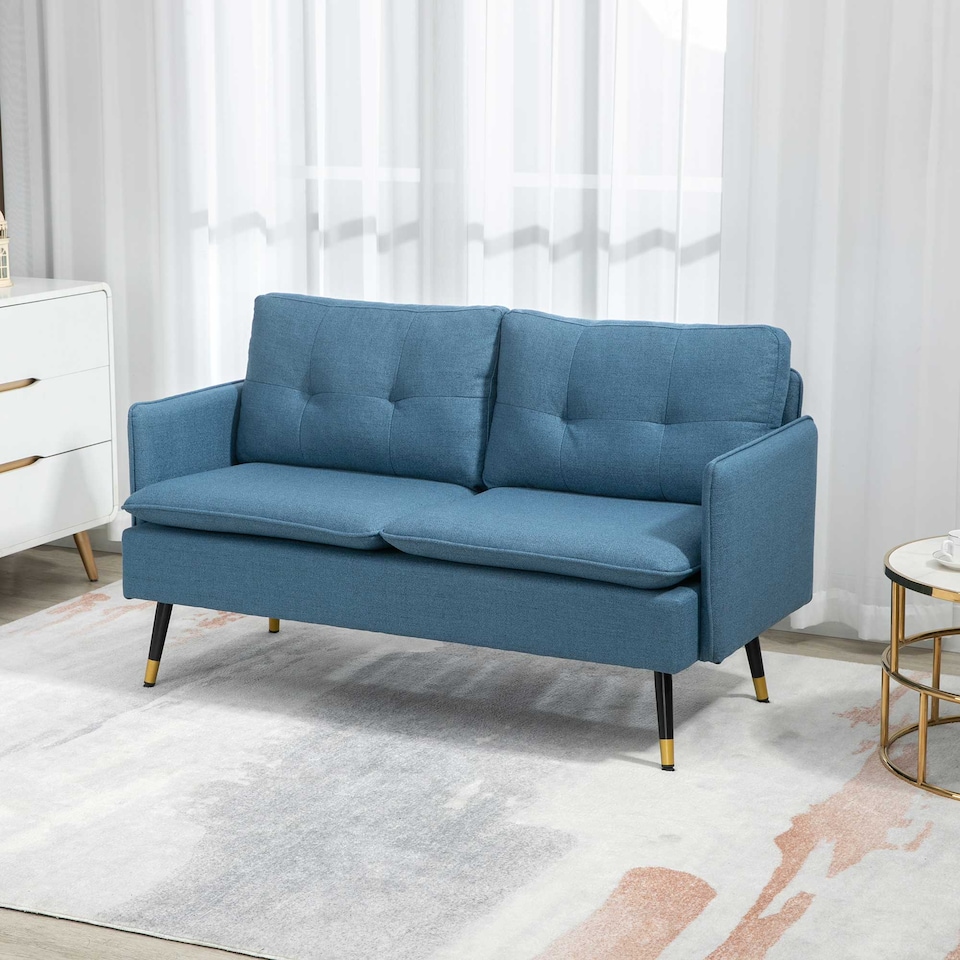 image 1 of HOMCOM Modern Two Seater Sofa, Button Tufted Loveseat with Cushions and Steel Legs for Living Room, Guest Room, Dark Blue