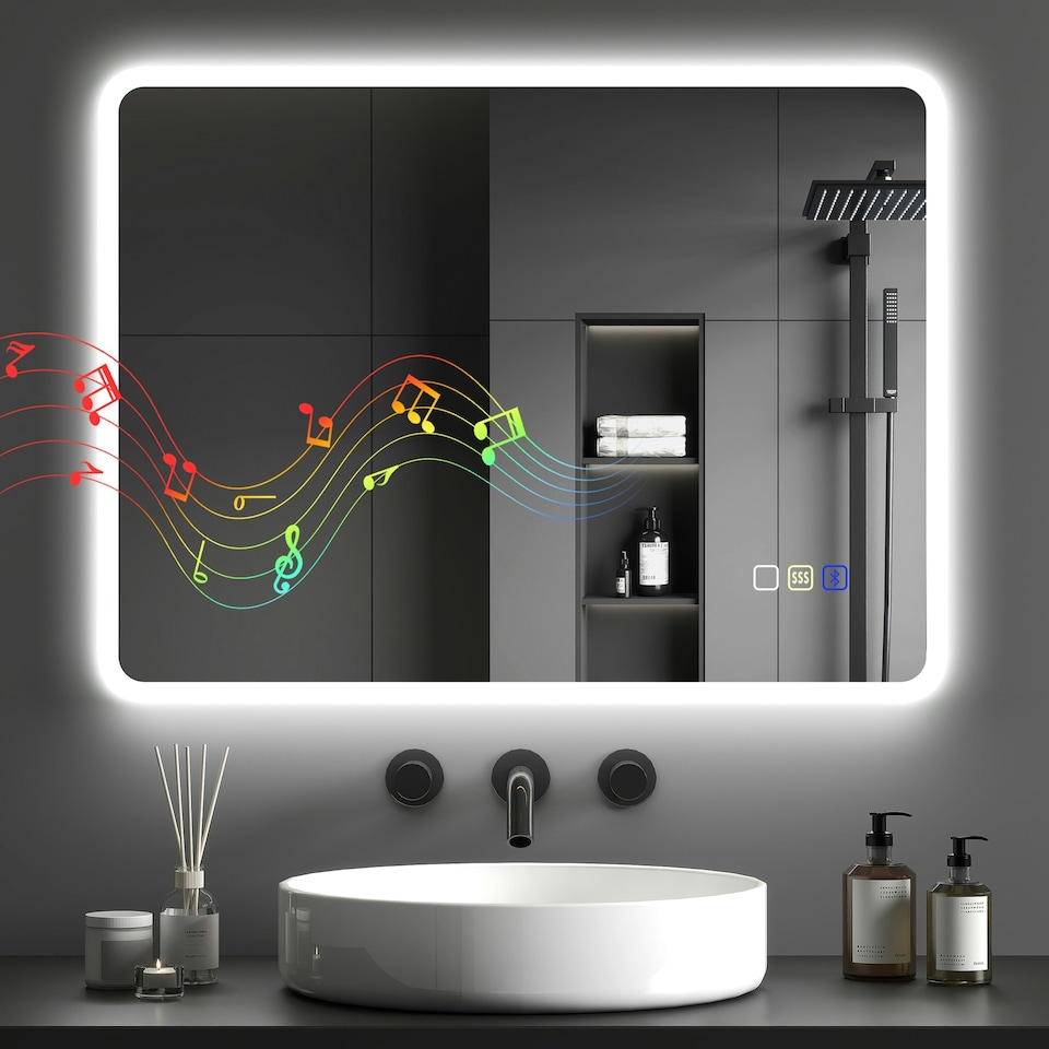 image 1 of HOMCOM 600 x 800 mm Bluetooth Bathroom Mirror with LED Lights Wall Mounted Silver | 80L x 60W x 3.5D cm