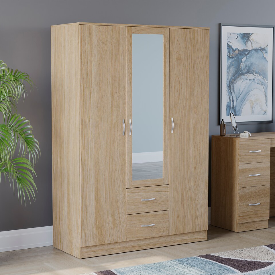 image 1 of Vida Designs Riano 3 Door 2 Drawer Mirrored Wardrobe With Shelf & Clothes Rail, Pine
